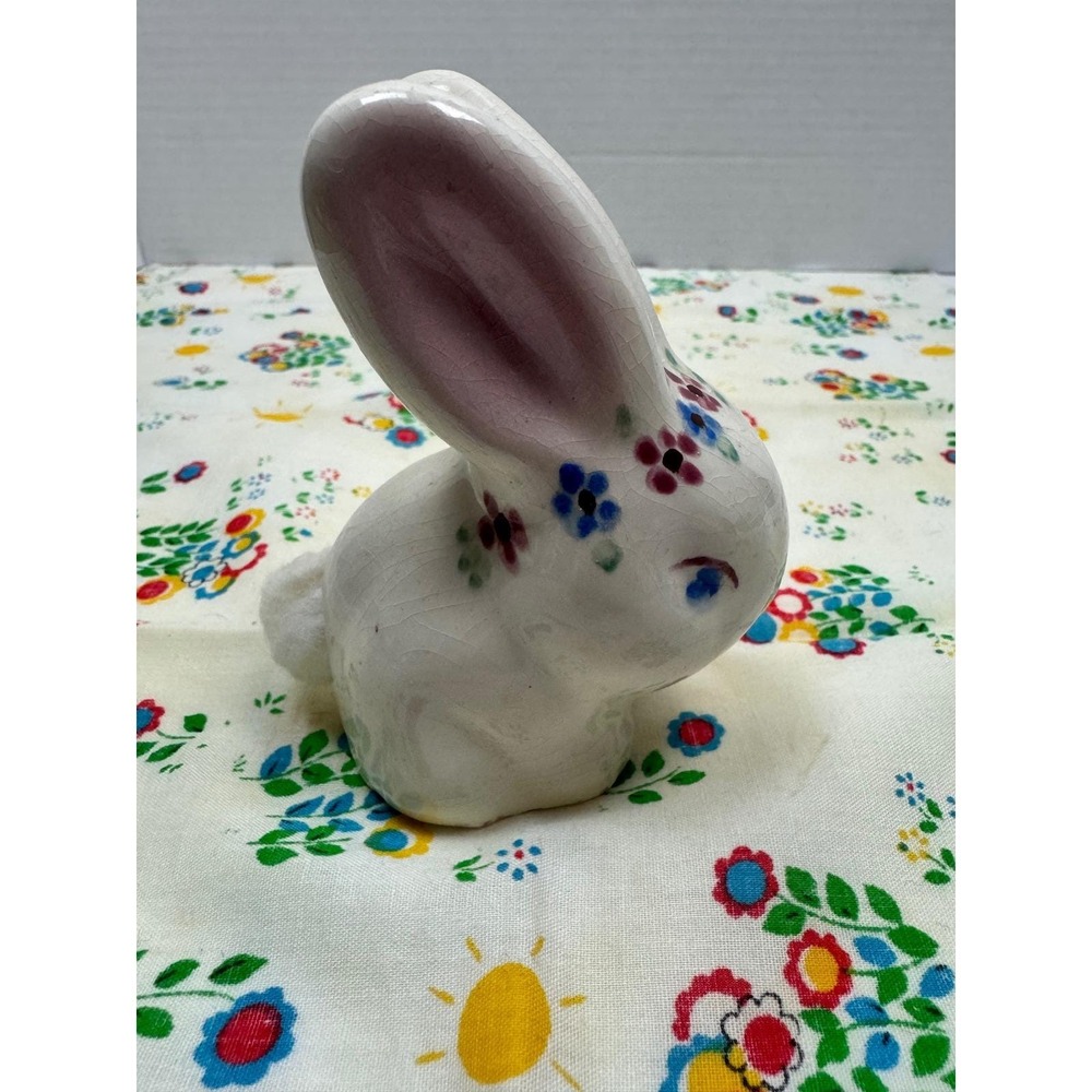 Vintage Floral Ceramic Bunny Figurine Cotton Ball Tail Dispenser Easter Decor